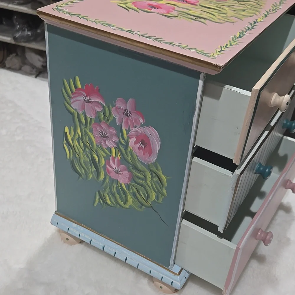 Hand painted jewelry chest blue, pink, yea, gold, peach